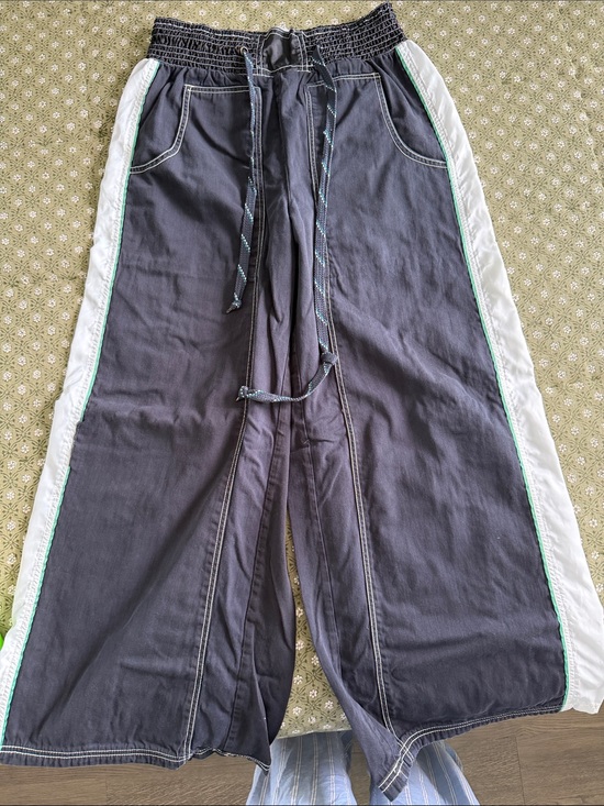 Pilcro Pants - Pilcro Black, White and Green Wide-Leg Drawstring Track-Style Denim Pants